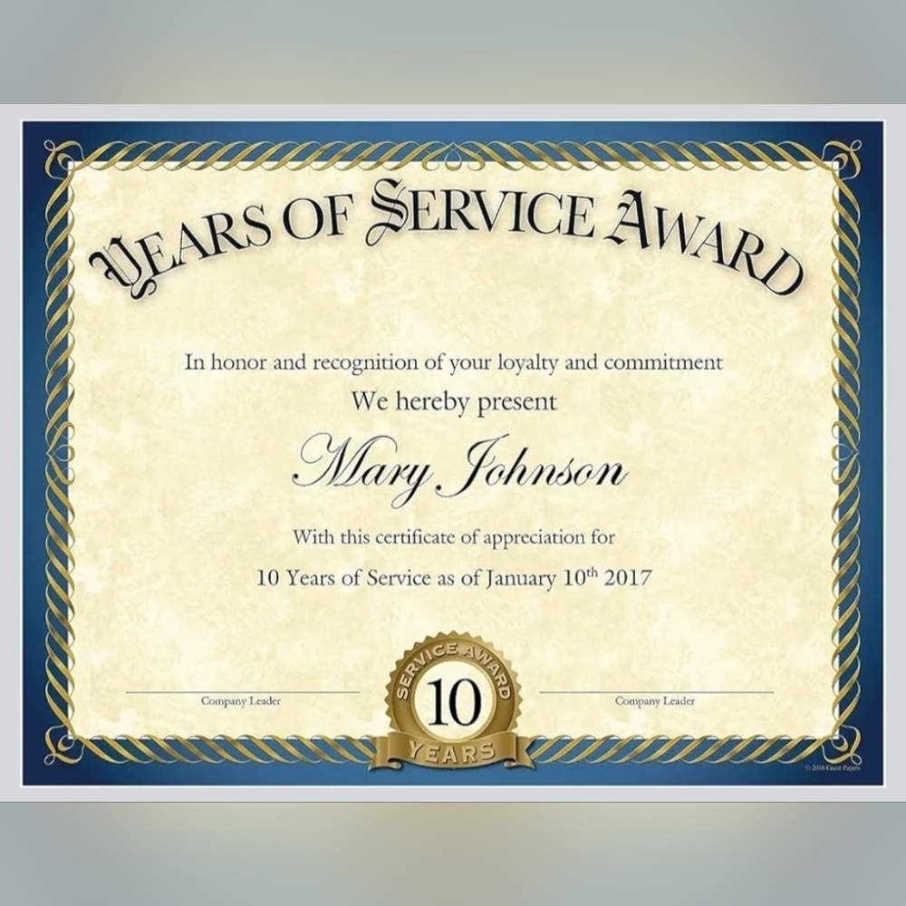 Great Papers! Years of Service Award Certificate